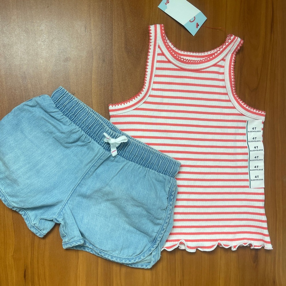 Cat & Jack Girls 4T Orange White Striped Ribbed Summer Tank and Denim Shorts Set
